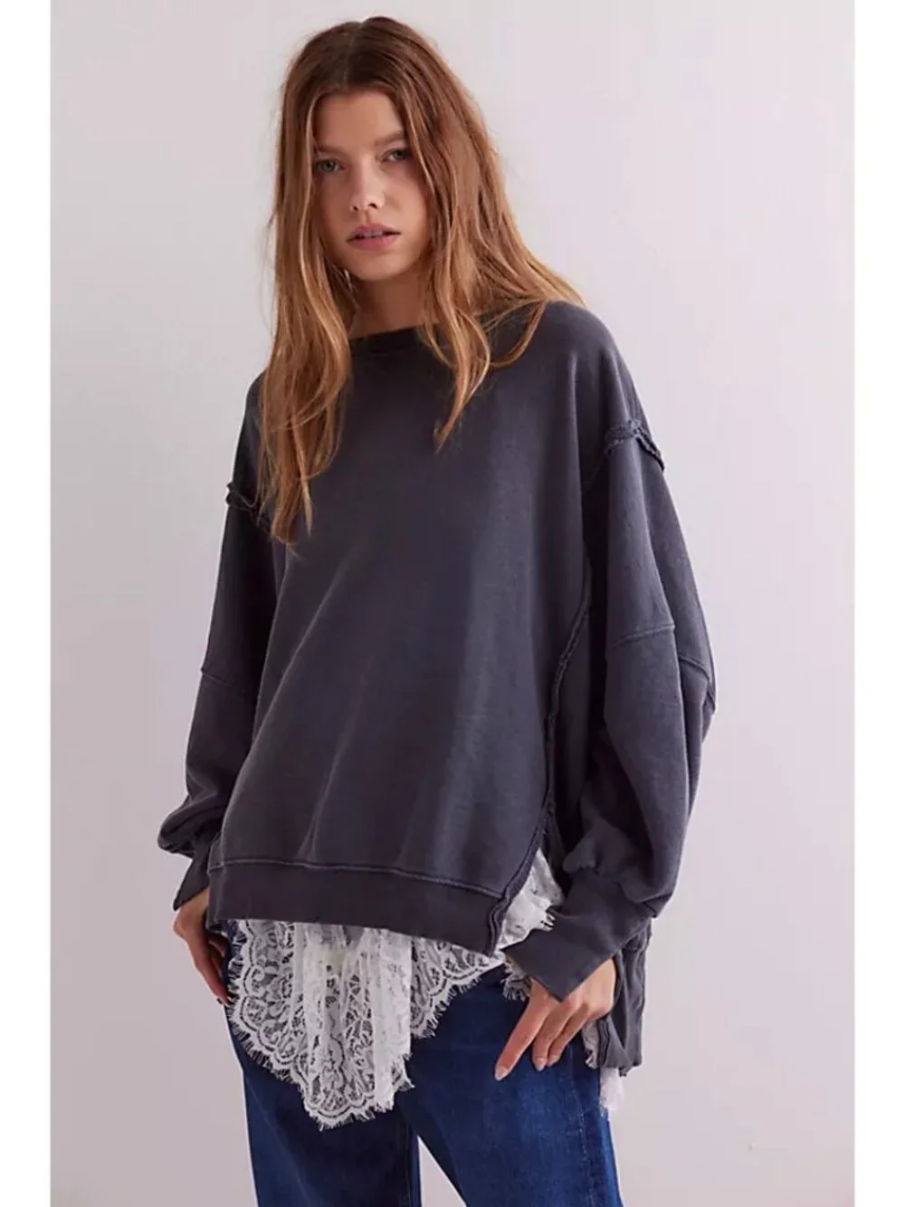 ☀️ Free People We The Free Camden Sweatshirt Rare Deep Blue Blue Fox XL NWOT